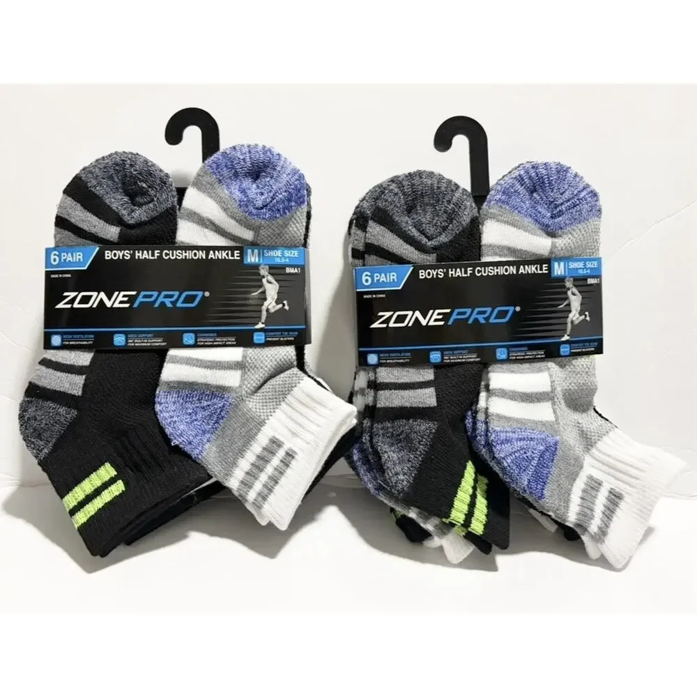 Zone Pro Boys Half Cushion Ankle Socks 12 Pair Size Medium 10.5-4 Multi NEW